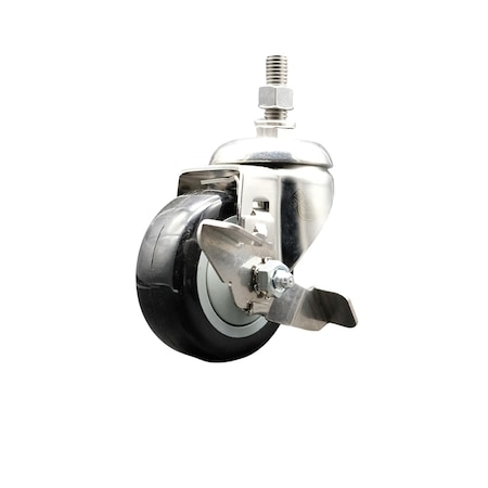 Service Caster 3 Inch 316SS Black Polyurethane Swivel 1/2 Inch Threaded Stem Caster with Brake SS316TS20S314-PPUB-BLK-TLB-121315